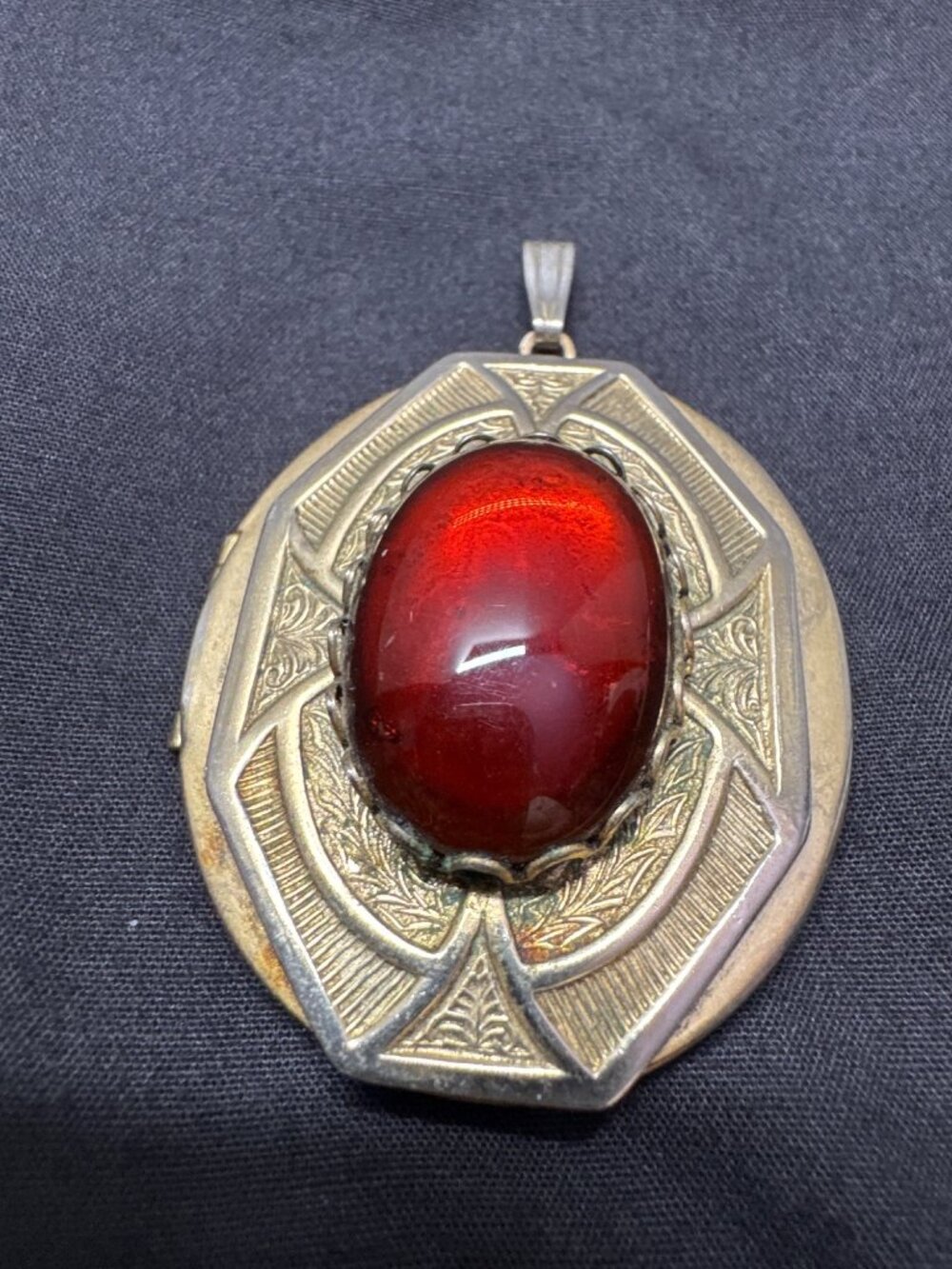 Antique Brass Oval Locket Pendant With Red Cabochon Stone & Intricate Engraved D